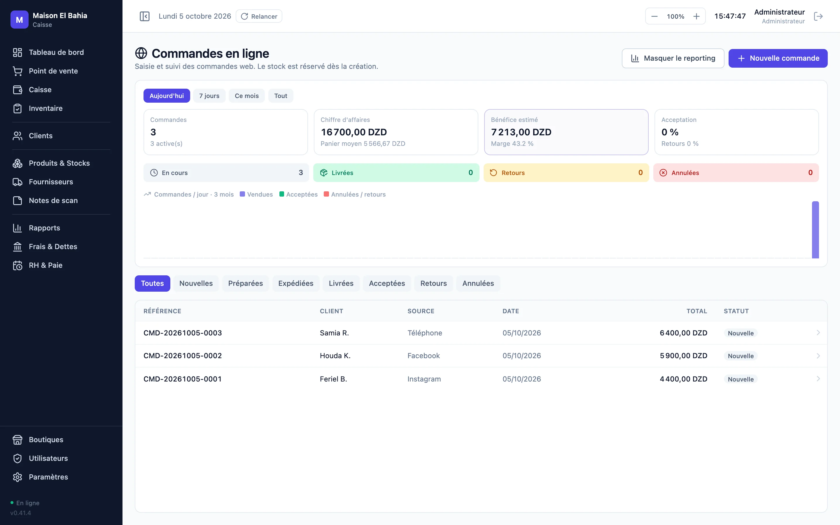 Reporting des commandes en ligne