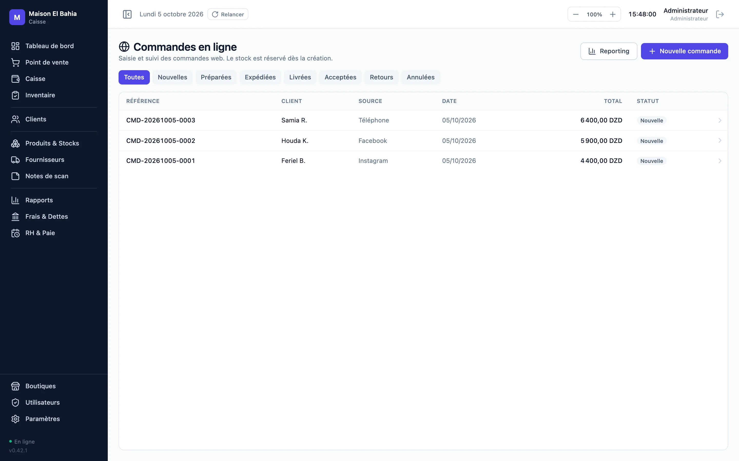Liste des commandes en ligne