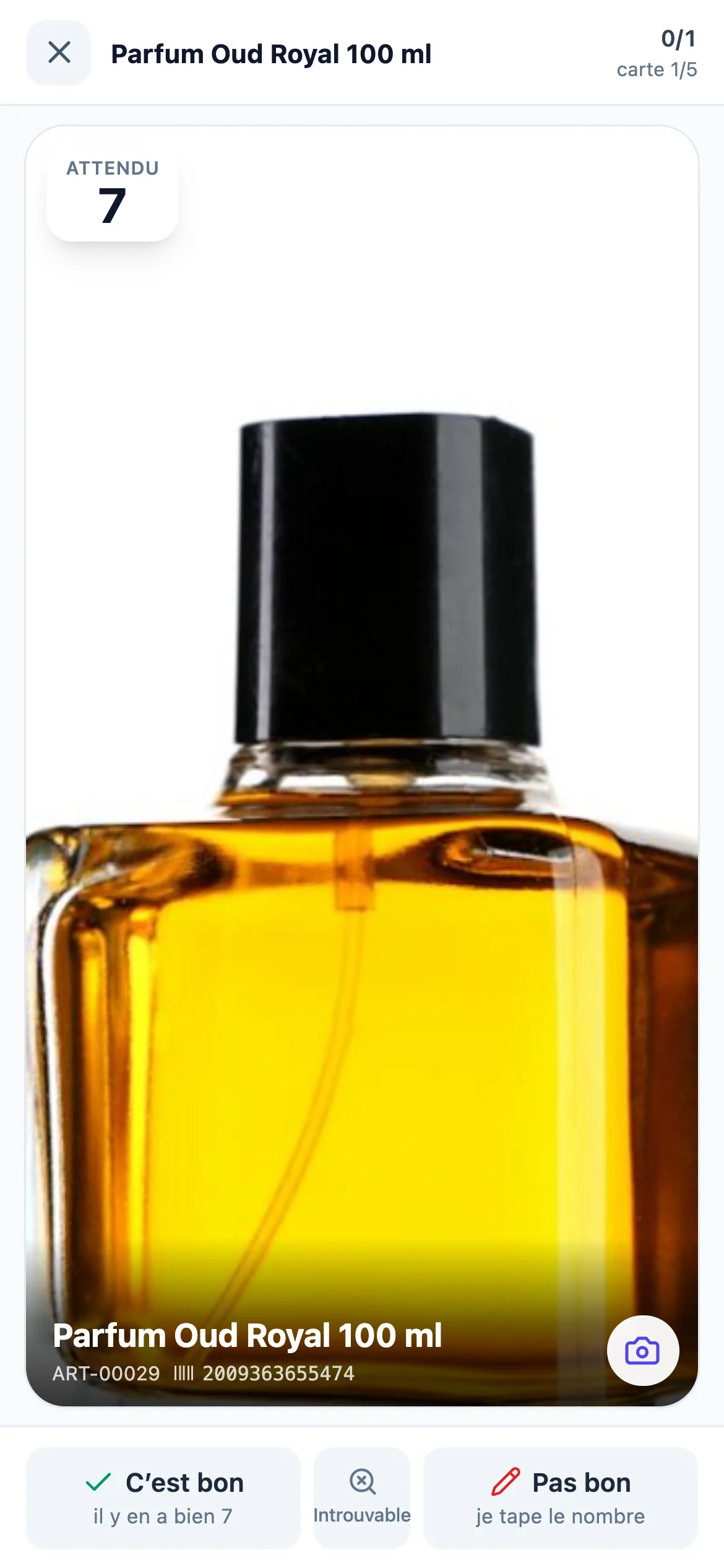 Carte de comptage sur téléphone : Parfum Oud Royal, 7 attendus