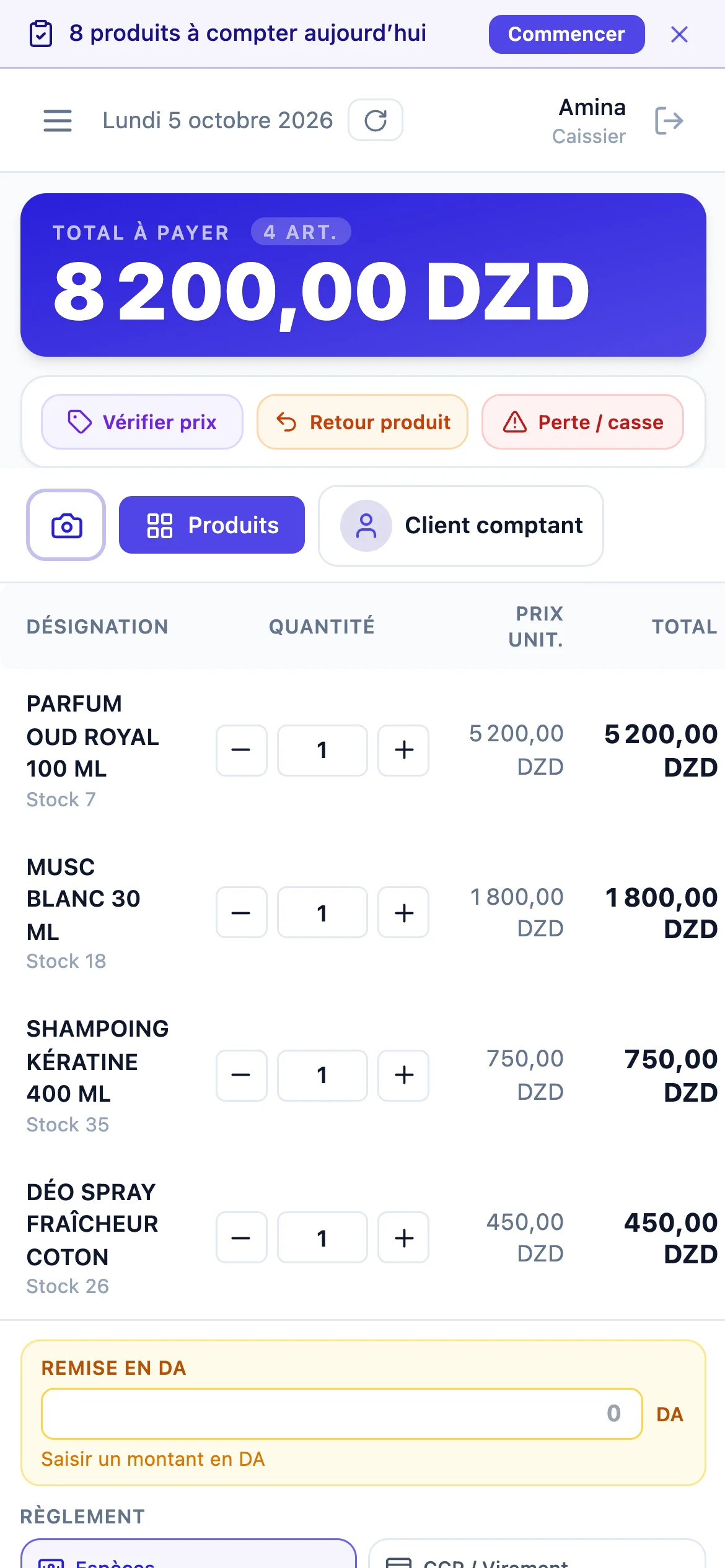 Point de vente sur téléphone : panier de 4 articles